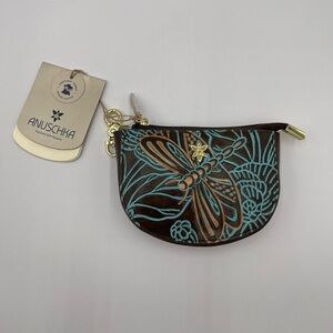 New Anuschka Tooled Small Leather Zip-Top Coin Pouch “Dragonfly Meadow” Brown